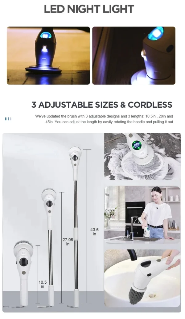 Electric Cleaning Brush Bathroom Kitchen Brush Cleaning 8-in-1 Multifunctional With LED NightLight Rotatable Household Brush - Image 3